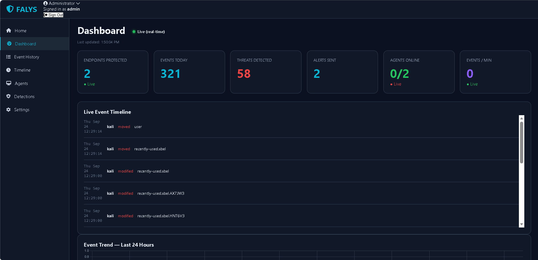 Dashboard with live event timeline