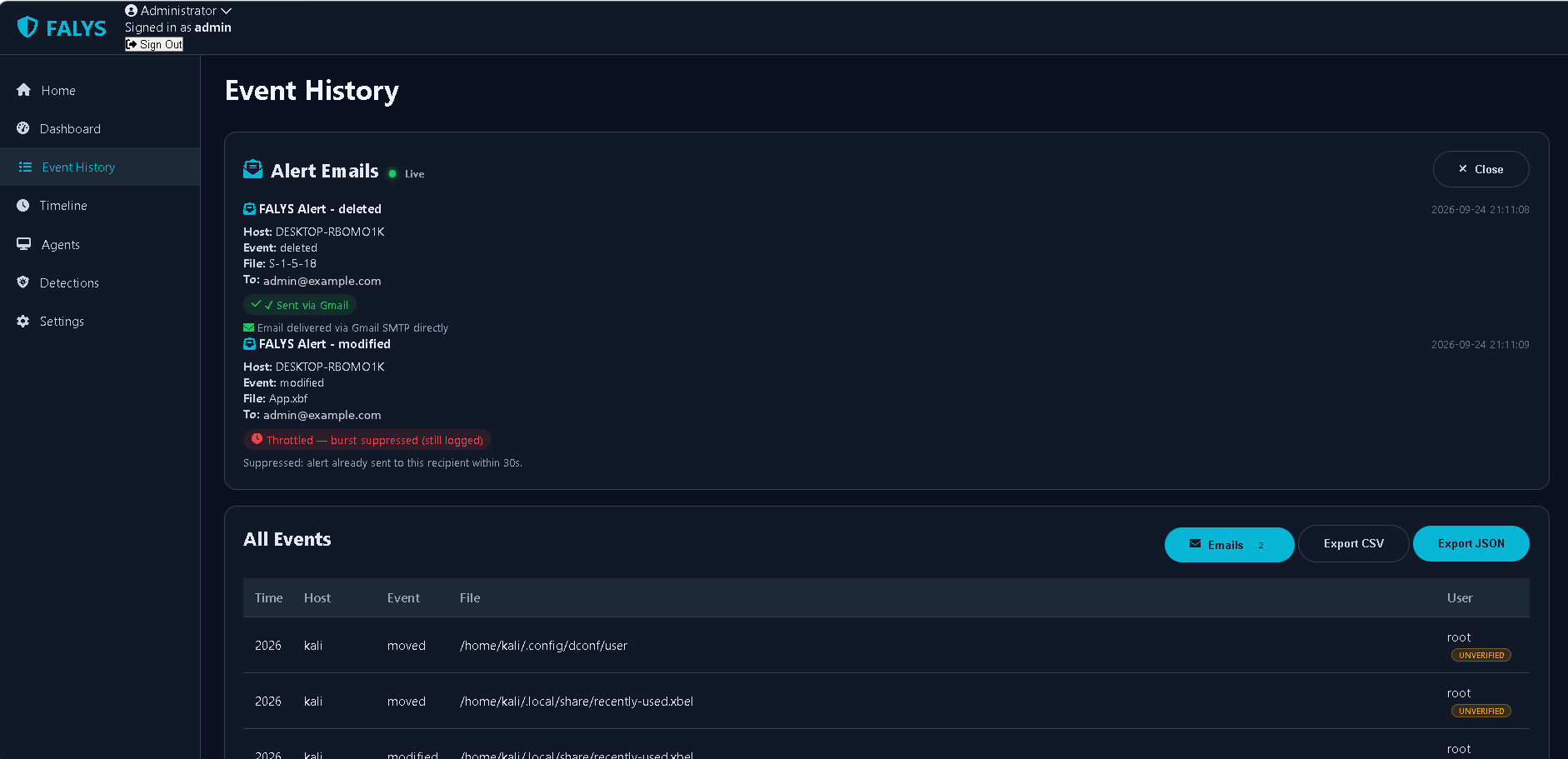 Event history with alert email log